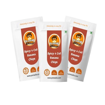 Yo Snacko Spicy 4 Cut Banana Chips | Quarter Sliced for Balanced Spice & Crispness | Traditional Style Savory Snack | Suitable for Travel, Tea-Time & Gifting | 100 gm x 3 Pack