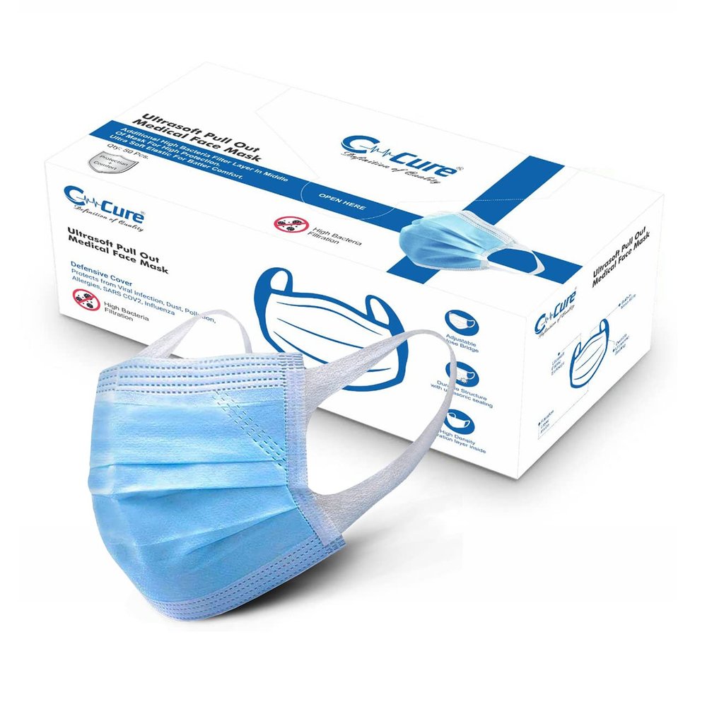C-Cure Melt Blown - SMMS Fabric 3 Ply Disposable Face Mask with Nose Clip and Reusable Travel Pouch (Blue, Pack of 200) for Unisex