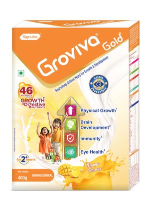 Groviva Gold Milk Protein Powder for Kids | 2-6 Years | 400g Mango BIB | 46 Nutrients | Growth & Digestive Nutrients | Supports Physical Growth, Brain Development, Immunity & Eye Health