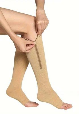 BZ Stall Zipper Compression Socks for Men & Women  Open Toe, Knee-High, Medical Support for Varicose Veins & Swelling (Beige, Free Size)