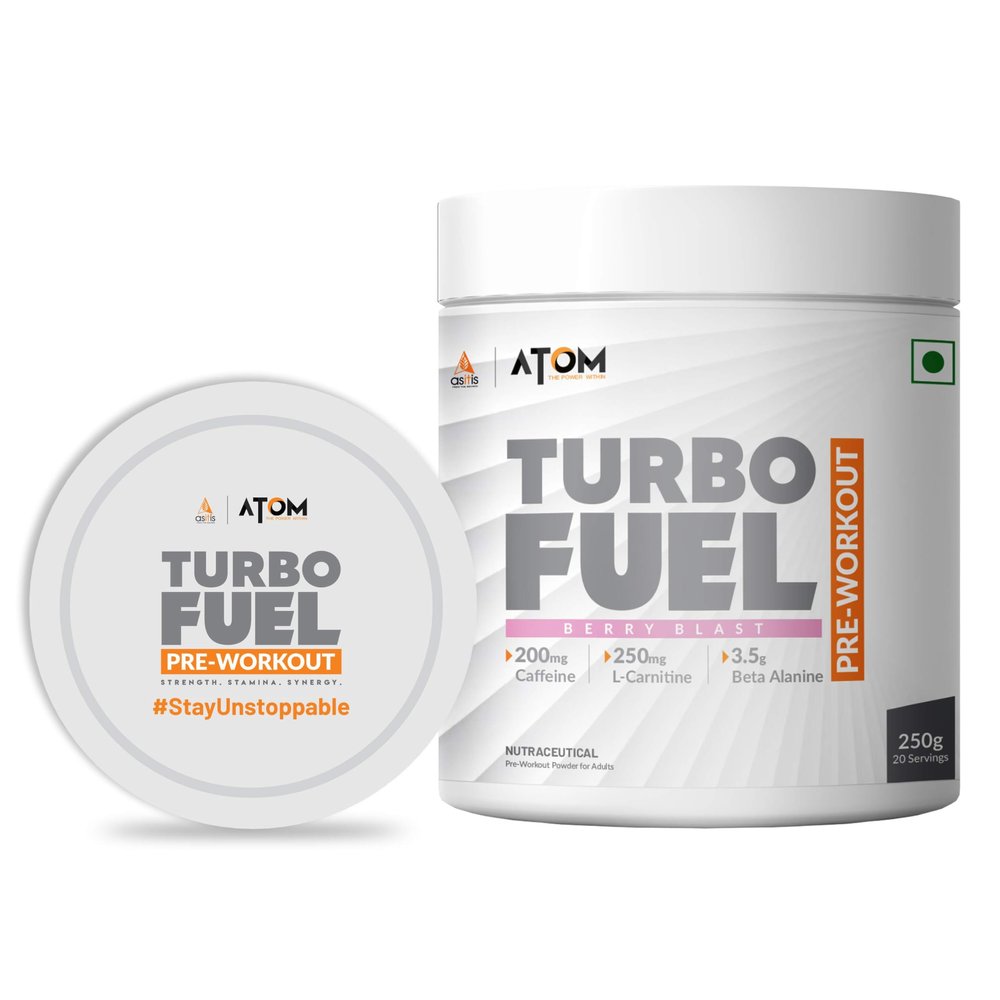 AS-IT-IS ATOM Turbo Fuel Pre-Workout Formula I 200mg Caffeine, 4.3g Citrulline, 3.5g Beta Alanine I Energy, Strength, Focus & Muscle Pump Support I 20 Servings, Berry Blast Flavour