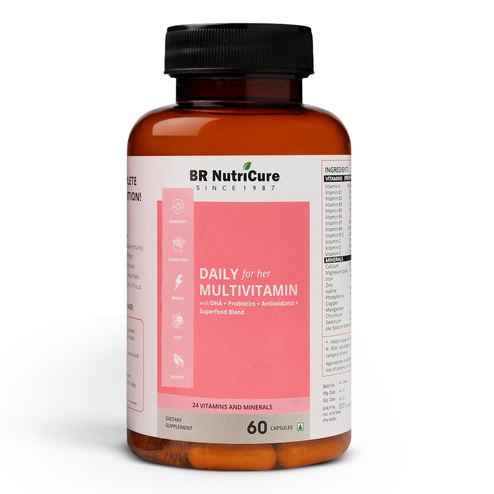 BR NutriCure Daily Multivitamin for Women 24 Vitamins & Minerals with DHA, Probiotics, Antioxidants & Superfood Blend USFDA Registered, Doctor Formulated | Immunity, Energy, Gut, Skin & Brain Support | 60 Capsules |