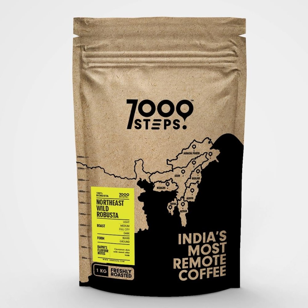 7000 Steps 100% Robusta Coffee Beans | Freshly Roasted | Northeast India Robusta Coffee | Medium Roast | Whole Beans for V60, French Press, Espresso, Cold Brew | 250g