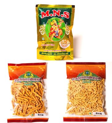 M.N.S Anjaneyar Vilas - Pack Of 3 Snacks Combo - Special Elachi Kadalai Mittai, Karasevu, Pepper Sevu (750 GM)
