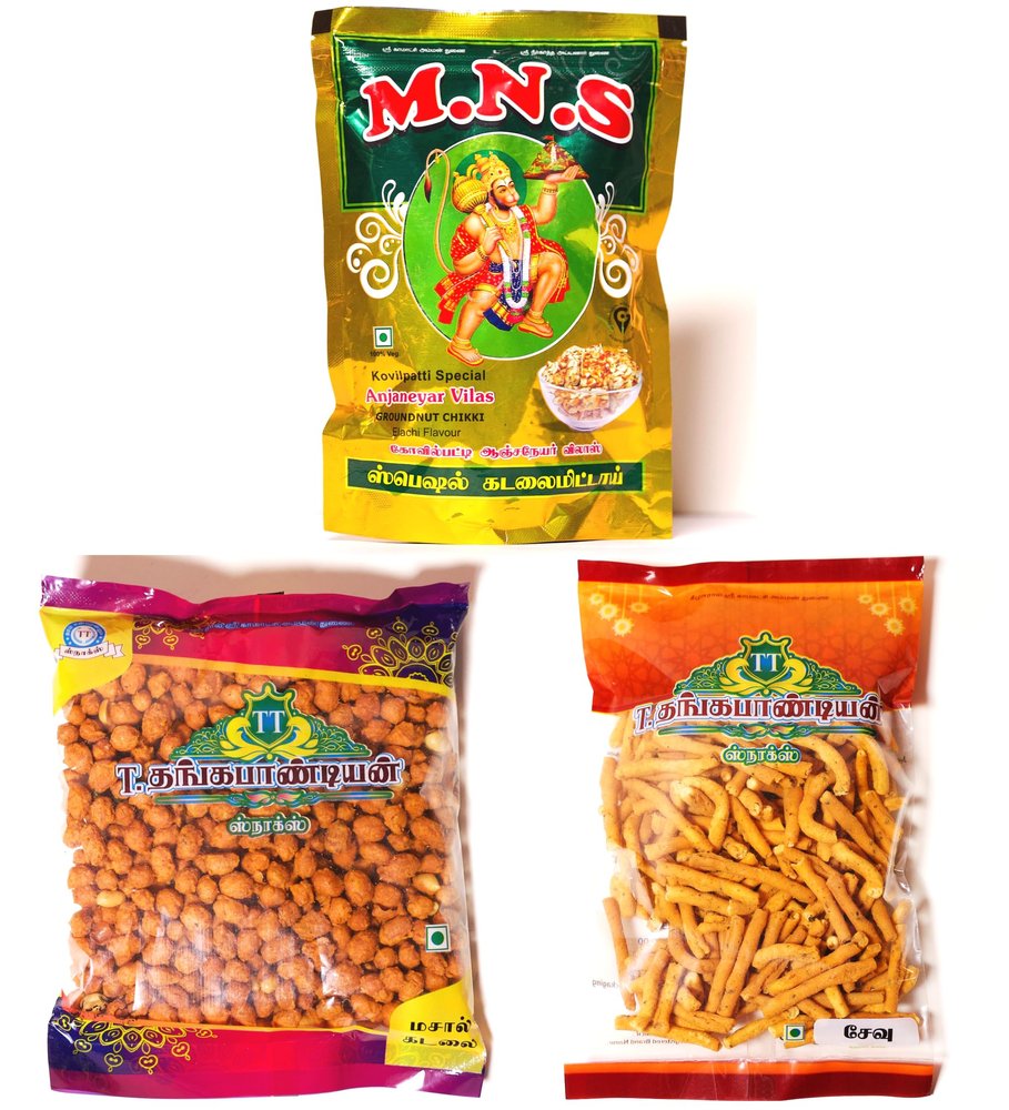 M.N.S Anjaneyar Vilas - Pack Of 3 Snacks Combo - Special Elachi Kadalai Mittai, Pepper Sevu, Masala Peanuts (750 GM)