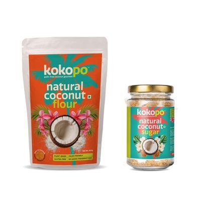 KOKOPO Natural Coconut Flour (300g) and KOKOPO Natural Coconut Sugar (350g) | Gluten-Free, Unrefined, Low GI | Ideal for Baking & Healthy Cooking | Plant-Based