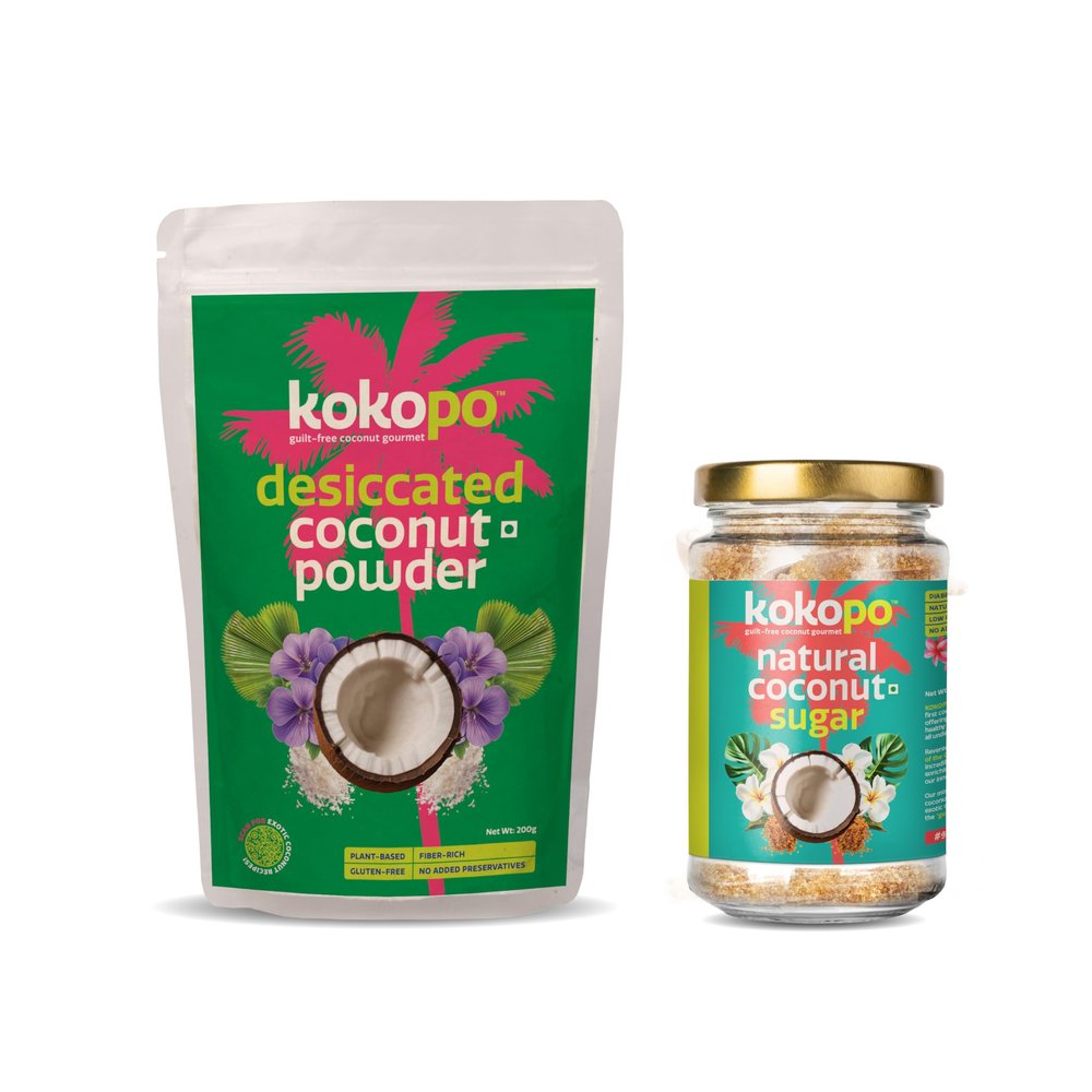KOKOPO Desiccated Coconut Powder (200g) and KOKOPO Natural Coconut Sugar (350g) | Pure and Natural | No Preservatives | Gluten-Free, Vegan | Ideal for Cooking, Baking, and Beverages | 550g net
