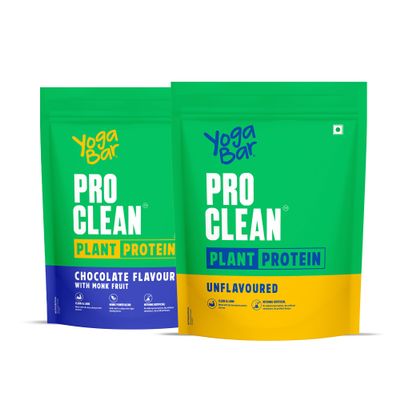 Yogabar Pro Clean Plant Protein Powder | Chocolate Flavour & Unflavoured | 25g Protein per Serve | Vegan, Gluten-Free, No Added Sugar | 500g Each (Combo Pack)