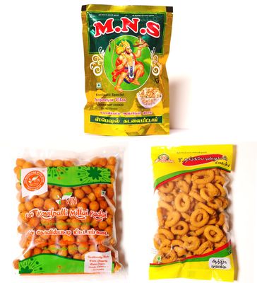M.N.S Anjaneyar Vilas - Pack Of 3 Snacks Combo - Special Elachi Kadalai Mittai, Andhra Murukku, Spicy Seedai (700 GM)