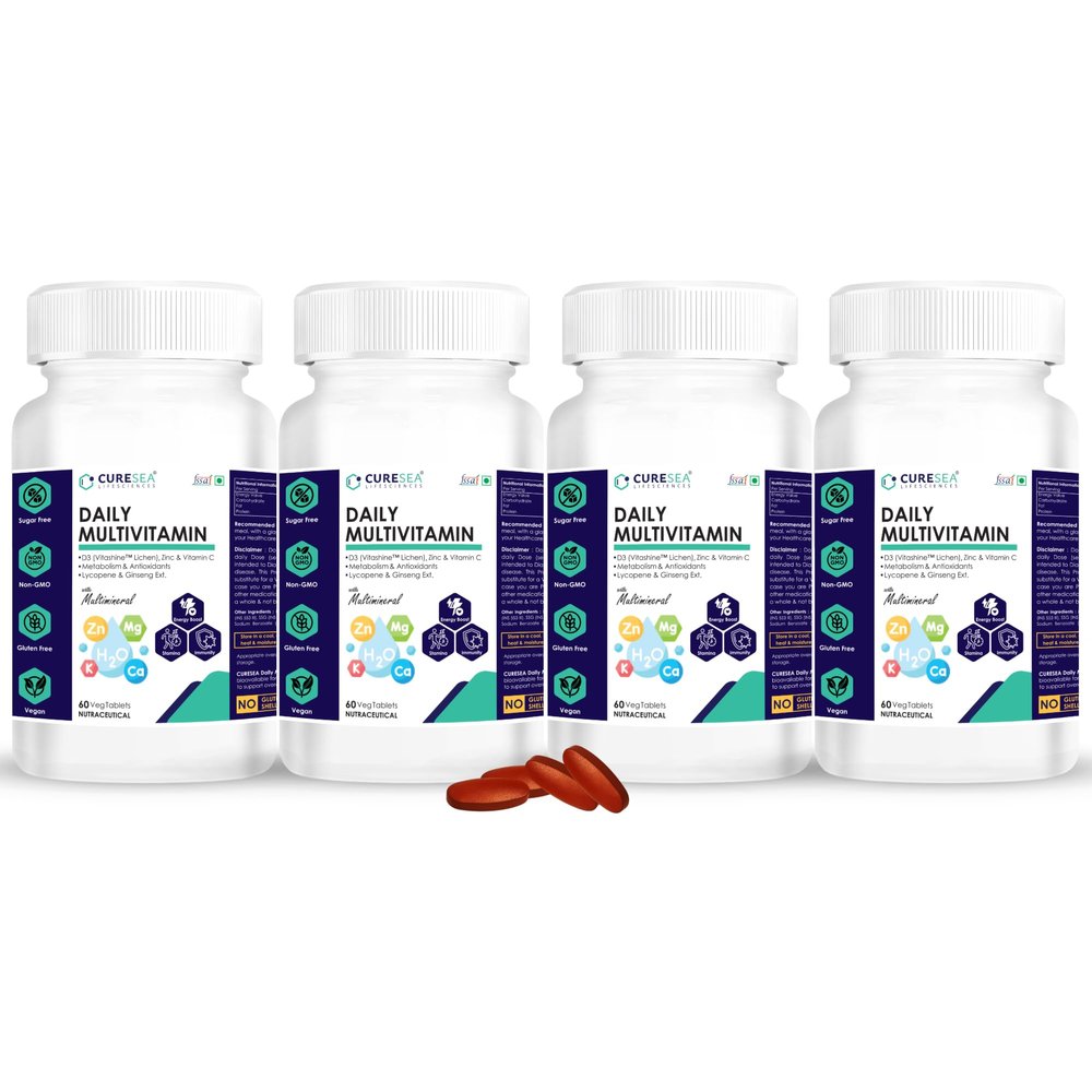 CURESEA Lifesciences Vegan Daily Multivitamin with Vitamin B12, C, D3, K2, E Lycopene, Ginseng and Multimineral | Enhances Energy, Stamina & Immunity | For Men and Women | 240 Veg Tablets (Pack of 4)