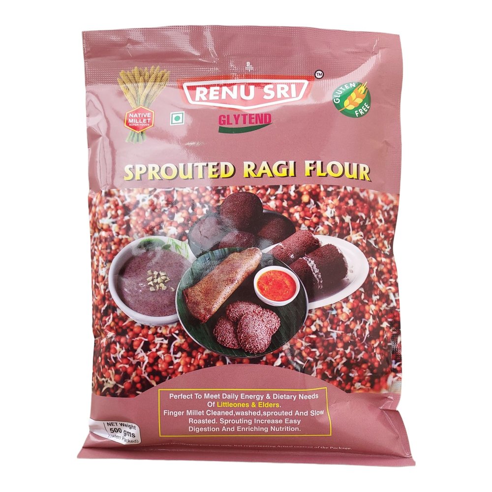 RENU SRI GLYTEND SPROUTED & Roasted in low flame Ragi/FINGER MILLET Flour | Gluten-Free| RAGI HURI HITTU_Low GI | High in Protein & Iron | Diabetic Friendly | Ideal for Kids & Elders(500 grams)