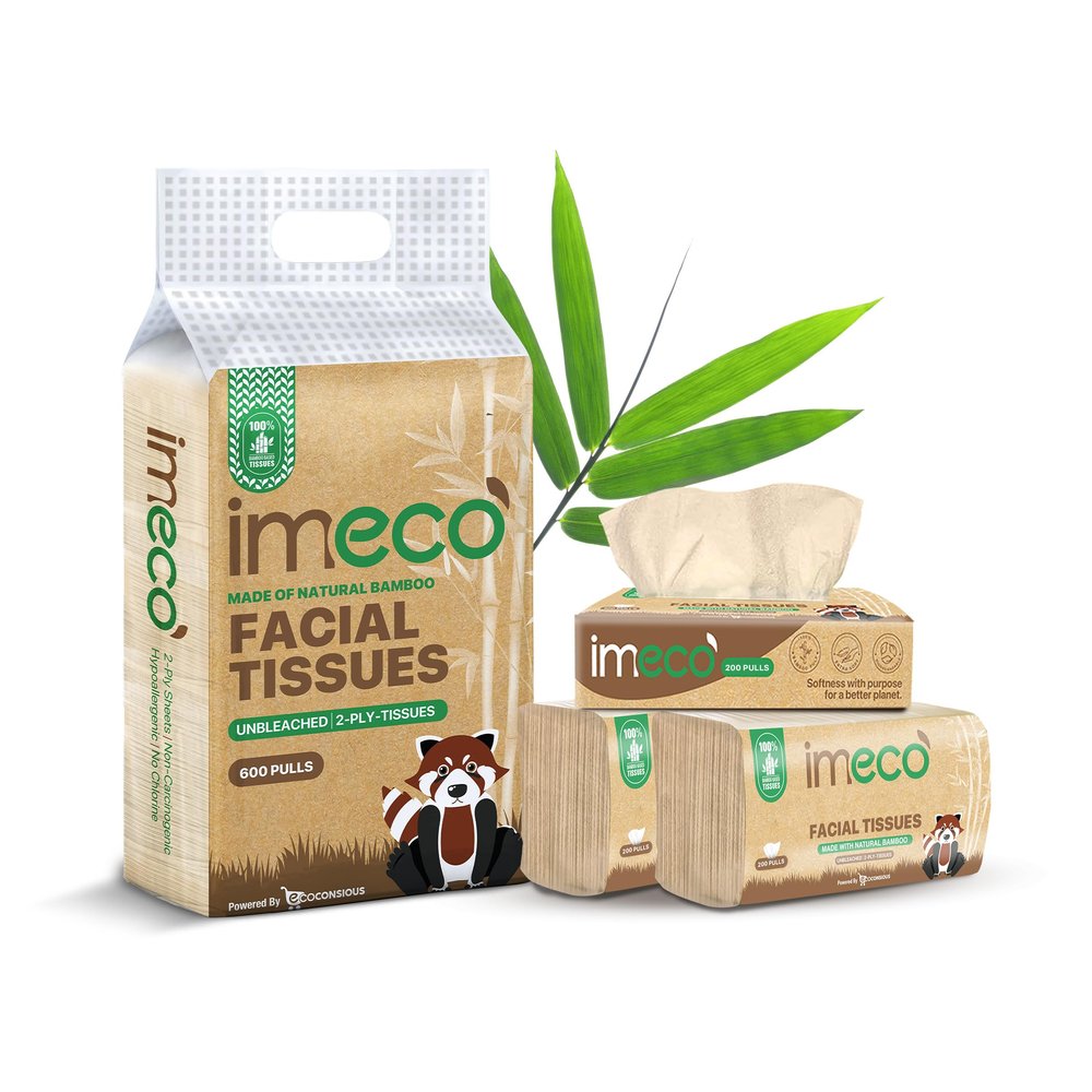 IMECO Bamboo Facial Tissue Papers -200 Pulls (Pack of 3), 600 Pulls - 2 Ply, Premium Soft, Biodegradable & Skin Safe, 100% Natural and Ecofriendly, Soft tissue pack