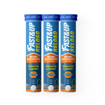 Fast&Up Reload (15 Litres) Low Sugar energy drink for Instant Hydration - 20 Effervescent Tablets with all 5 Essential Electrolytes + Added Vitamins - Certified Electrolytes Drink - Orange flavour, Pack of 3
