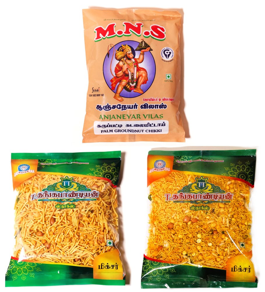 M.N.S Anjaneyar Vilas - Pack Of 3 Snacks Combo - Karupatti Kadalai Mittai, Big Mixture, Podi Mixture (750 GM)