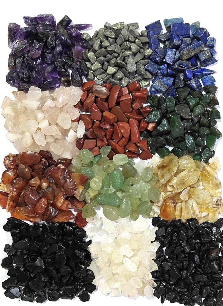 100% Original crystal chips set of 12, 20 gms each of Red Jasper, Green Aventurine, Amethyst, Pyrite, Carnelian, Clear Quartz, Black Tourmaline, Obsidian, Citrine, Rose Quartz, Lapis Lazuli, Green Jade for magical spells and oil, home decor and Vastu