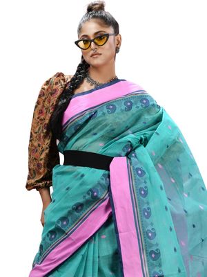 dB DESH BIDESH Women`s Traditional Pure Handloom Cotton Saree Mine Kolka Flower Floral Woven Designer Without Blouse Piece (Firoza)