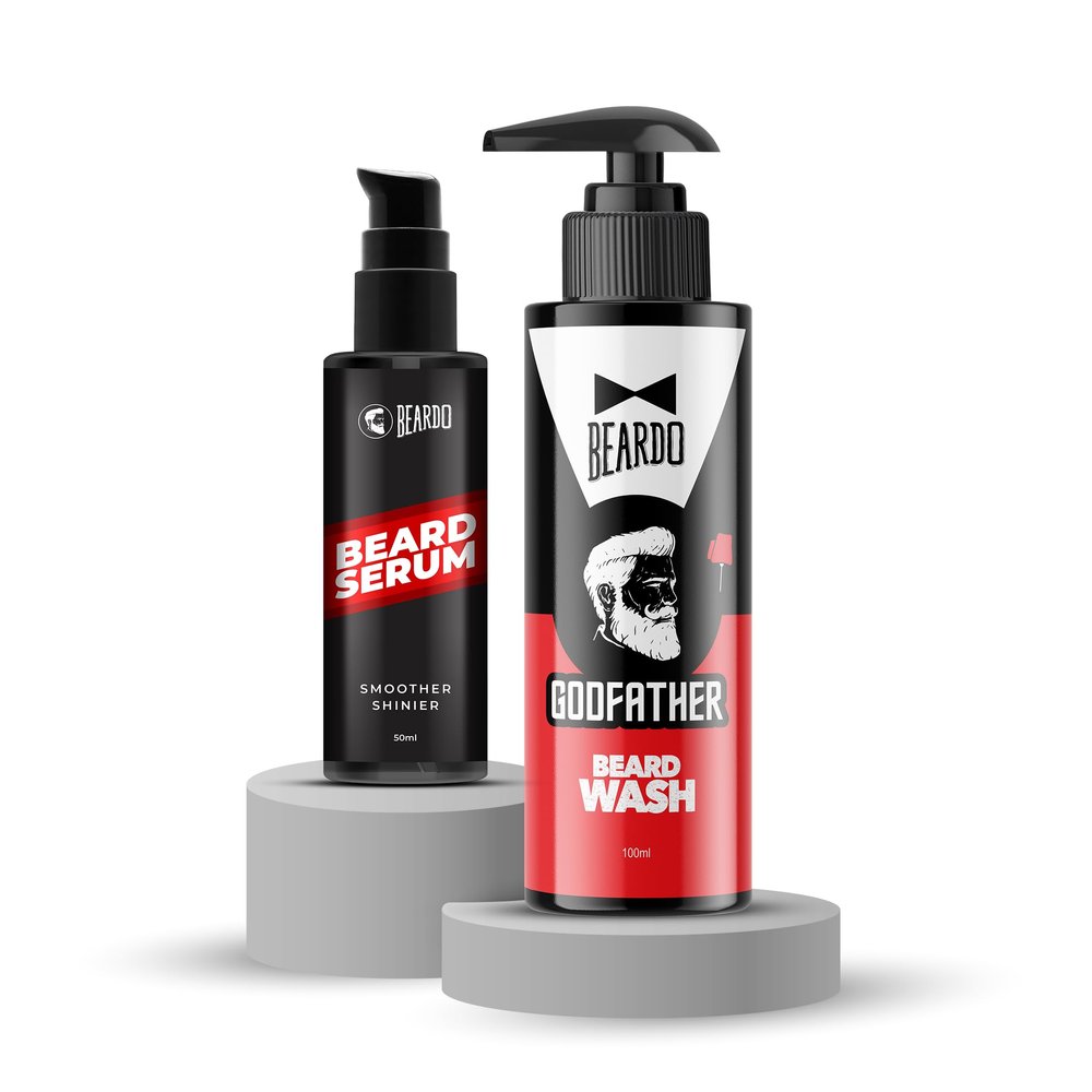 Beardo Godfather Beard Wash & Serum Beard Softening & Cleansing Combo | Deep Hydration, Frizz Control & Healthy Shine | Purifying & Hydrating Beard and Skin Cleaner | Grooming Essentials for Men Set of 2