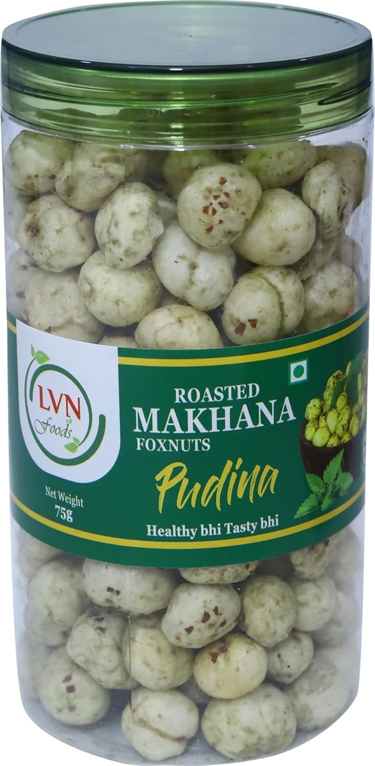 LVN Foods Pudina Flavoured Makhana | Mint Fox Nuts | Roasted Healthy Snack For Daily Use (75gr) (Pack of 1)