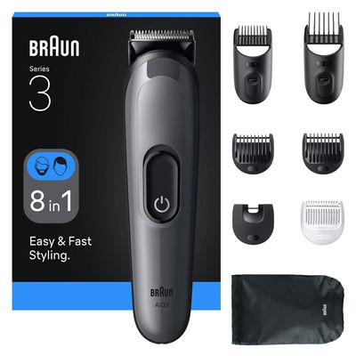 Braun Series 3 All-in-one Grooming Kit for Men, 8-in-1 Beard & Body Trimmer, Ultra Sharp Blade, 50-Min Runtime, Black