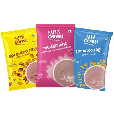 Happa Ragi + Almonds + Dates, Ragi + Mango + Banana and Multigrain Cereal for Babies | Only Natural Ingredients | No Sugar, Oil, Milk Powder, Flavours or Colours | Traditional Porridge Recipe | Cooks in 3 Minutes | Stage 2 (6 Months+) | Pack of 3 (50