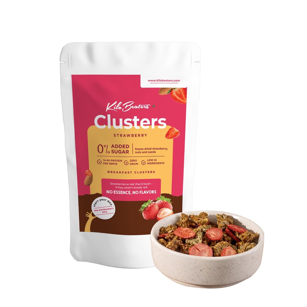 Kilobeaters Breakfast Clusters Muesli  Strawberry Flavor  High-Protein, Grain-Free, No Added Sugar Cereal  Healthy Breakfast with Freeze-Dried Strawberries  200g