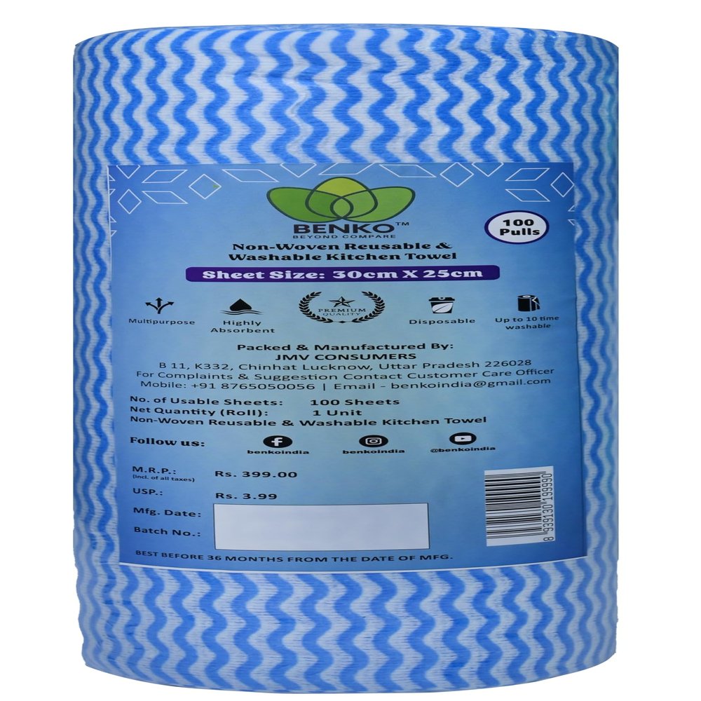 BENKO!-Premium Jambo Washable & Reusable Kitchen Towel Roll | Multicolor | With 100 Pulls/Sheet | Extra Thick 50 GSM | Size: 30cm x 25 cm | Highly Absorbent | Eco Friendly | Upto 10 Time washable