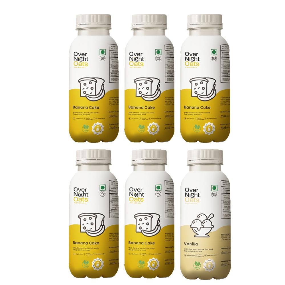 Overnight Oats with Vegan Protein | High Protein Oats Breakfast with Dietary Fibre | Just Add Milk | Ready in Minutes | No Preservatives | 5 Banana Cake + 1 Vanilla (Pack of 6, 50g Each)