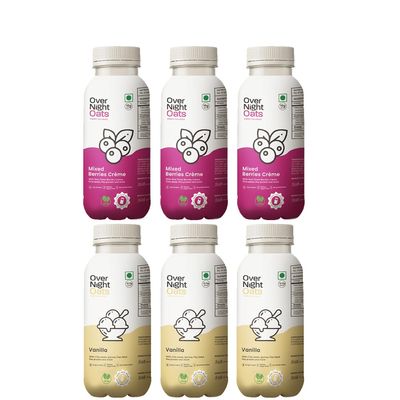Overnight Oats with Vegan Protein | High Protein Oats Breakfast with Dietary Fibre | Just Add Milk | Ready in Minutes | No Preservatives | 3 Mixed Berries + 3 Vanilla (Pack of 6, 50g Each)