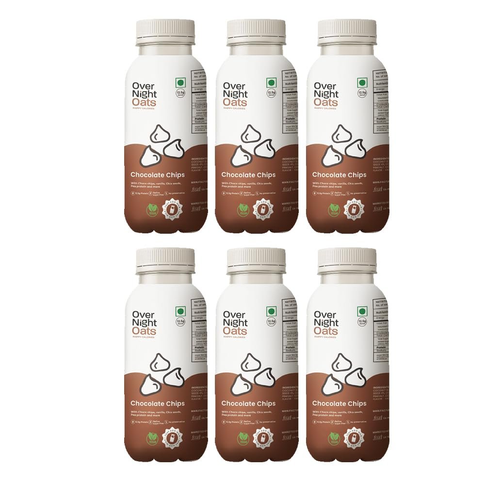 Overnight Oats with Vegan Protein | High Protein Oats Breakfast with Dietary Fibre | Just Add Milk | Ready in Minutes | No Preservatives | Chocolate Chips (Pack of 6, 50g Each)