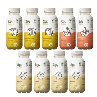Overnight Oats with Vegan Protein | High Protein Oats Breakfast with Dietary Fibre | Just Add Milk | Ready in Minutes | No Preservatives | 3 Banana Cake + 2 Mocha + 4 Vanilla (Pack of 9, 50g Each)