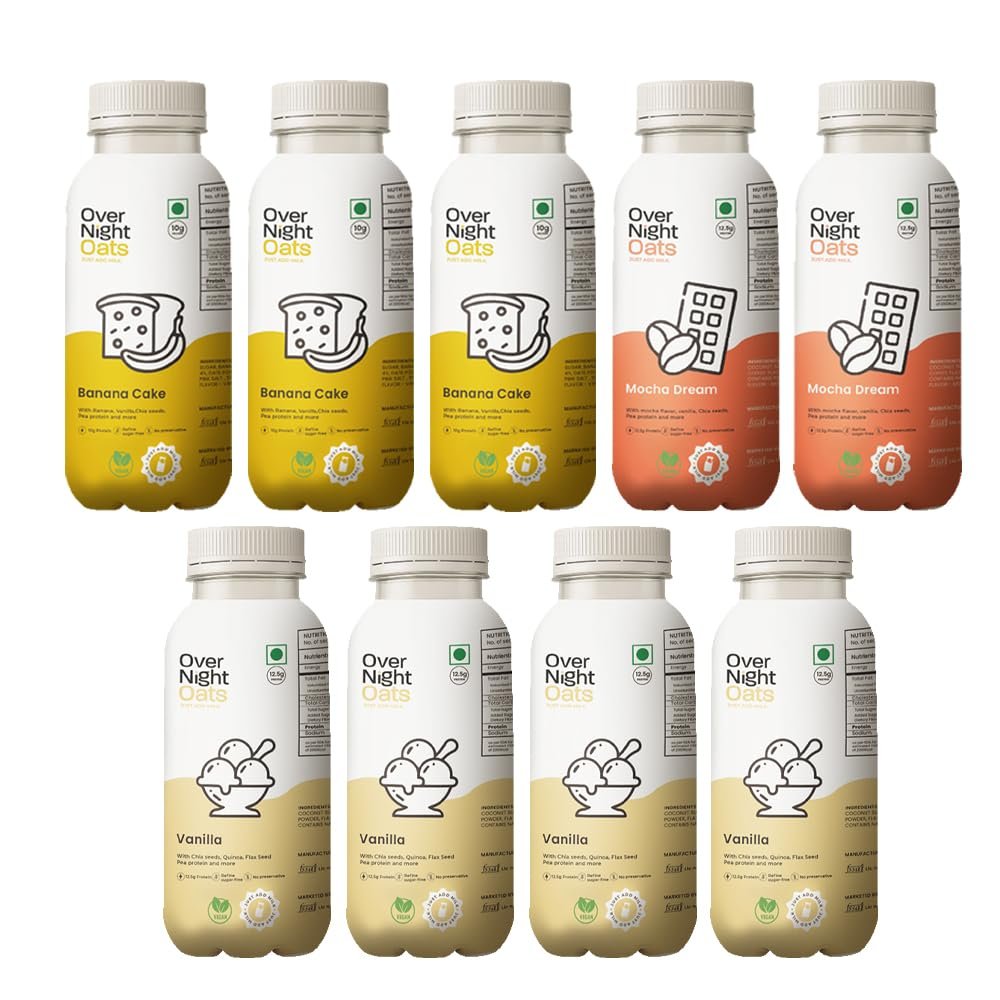 Overnight Oats with Vegan Protein | High Protein Oats Breakfast with Dietary Fibre | Just Add Milk | Ready in Minutes | No Preservatives | 3 Banana Cake + 2 Mocha + 4 Vanilla (Pack of 9, 50g Each)