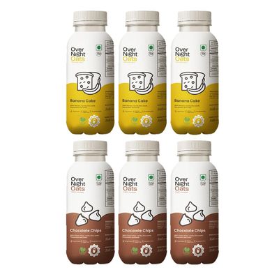 Overnight Oats with Vegan Protein | High Protein Oats Breakfast with Dietary Fibre | Just Add Milk | Ready in Minutes | No Preservatives | 3 Banana Cake + 3 Chocolate Chips (Pack of 6, 50g Each)