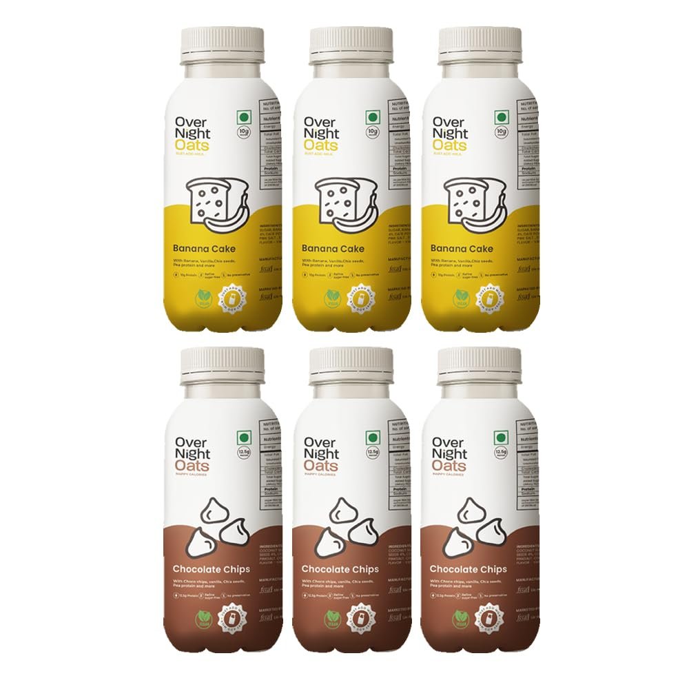 Overnight Oats with Vegan Protein | High Protein Oats Breakfast with Dietary Fibre | Just Add Milk | Ready in Minutes | No Preservatives | 3 Banana Cake + 3 Chocolate Chips (Pack of 6, 50g Each)