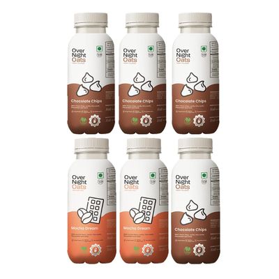 Overnight Oats with Vegan Protein | High Protein Oats Breakfast with Dietary Fibre | Just Add Milk | Ready in Minutes | No Preservatives | 4 Chocolate Chips + 2 Mocha (Pack of 6, 50g Each)