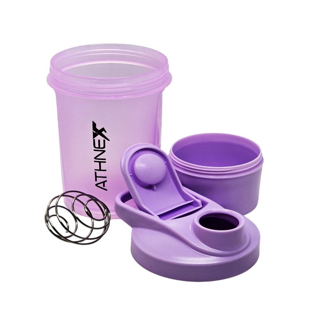 Athnex 400ml Protein Shaker Bottle with Compartment | BPA-Free Plastic | Leakproof with Blender Ball | Gym Water Bottle with Supplement Storage (purple)