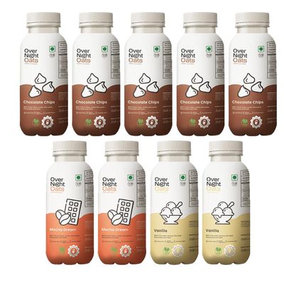 Overnight Oats with Vegan Protein | High Protein Oats Breakfast with Dietary Fibre | Just Add Milk | Ready in Minutes | No Preservatives | 5 Chocolate Chips + 2 Mocha + 2 Vanilla (Pack of 9, 50g)
