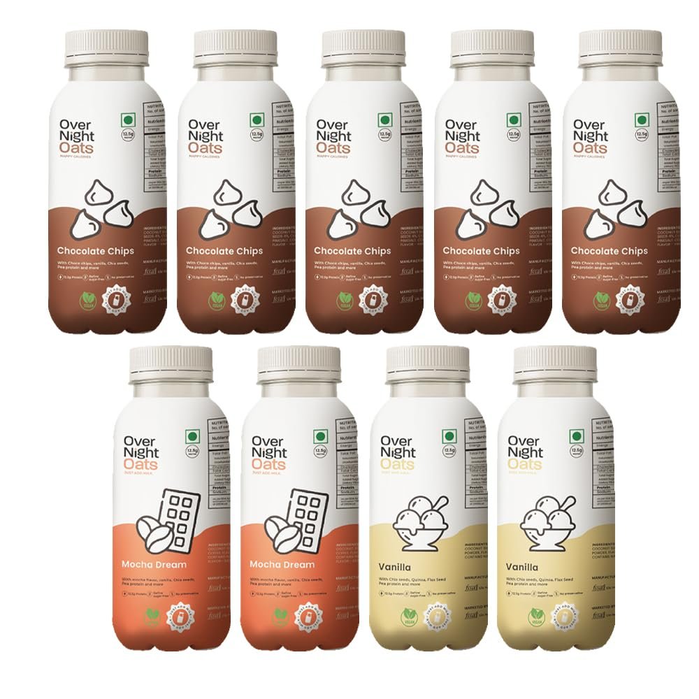 Overnight Oats with Vegan Protein | High Protein Oats Breakfast with Dietary Fibre | Just Add Milk | Ready in Minutes | No Preservatives | 5 Chocolate Chips + 2 Mocha + 2 Vanilla (Pack of 9, 50g)