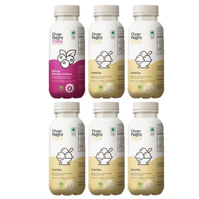 Overnight Oats with Vegan Protein | High Protein Oats Breakfast with Dietary Fibre | Just Add Milk | Ready in Minutes | No Preservatives | 1 Mixed Berries + 5 Vanilla (Pack of 6, 50g Each)