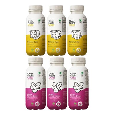 Overnight Oats with Vegan Protein | High Protein Oats Breakfast with Dietary Fibre | Just Add Milk | Ready in Minutes | No Preservatives | 3 Banana Cake + 3 Mixed Berries (Pack of 6, 50g Each)