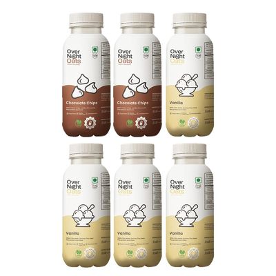 Overnight Oats with Vegan Protein | High Protein Oats Breakfast with Dietary Fibre | Just Add Milk | Ready in Minutes | No Preservatives | 2 Chocolate Chips + 4 Vanilla (Pack of 6, 50g Each)
