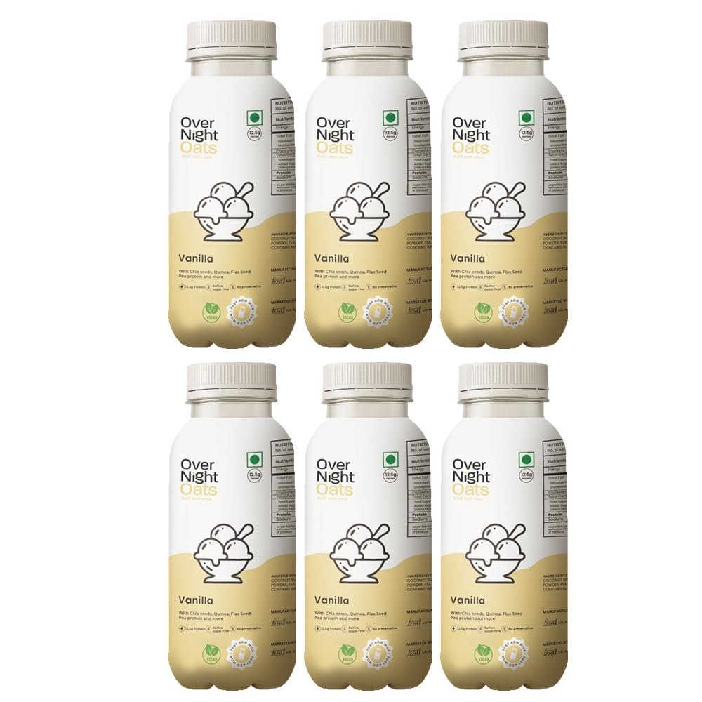 Overnight Oats with Vegan Protein | High Protein Oats Breakfast with Dietary Fibre | Just Add Milk | Ready in Minutes | No Preservatives | Vanilla (Pack of 6, 50g Each)