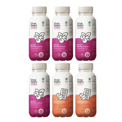 Overnight Oats with Vegan Protein | High Protein Oats Breakfast with Dietary Fibre | Just Add Milk | Ready in Minutes | No Preservatives | 4 Mixed Berries + 2 Mocha (Pack of 6, 50g Each)