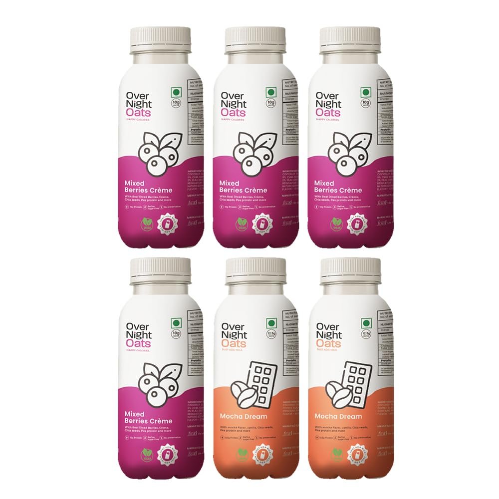 Overnight Oats with Vegan Protein | High Protein Oats Breakfast with Dietary Fibre | Just Add Milk | Ready in Minutes | No Preservatives | 4 Mixed Berries + 2 Mocha (Pack of 6, 50g Each)