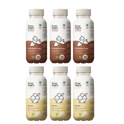 Overnight Oats with Vegan Protein | High Protein Oats Breakfast with Dietary Fibre | Just Add Milk | Ready in Minutes | No Preservatives | 3 Chocolate Chips + 3 Vanilla (Pack of 6, 50g Each)