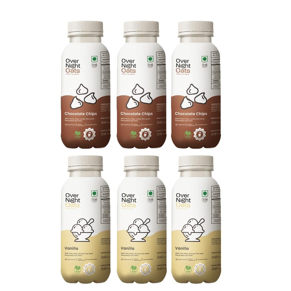 Overnight Oats with Vegan Protein | High Protein Oats Breakfast with Dietary Fibre | Just Add Milk | Ready in Minutes | No Preservatives | 3 Chocolate Chips + 3 Vanilla (Pack of 6, 50g Each)