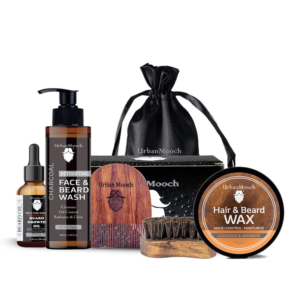 UrbanMooch 5 in 1 Beard Grooming Kit for Men | Face & Beard Wash with Growth Oil, Wax, Brush & Comb | Best Gift for Man | Complete Care solution in One Kit