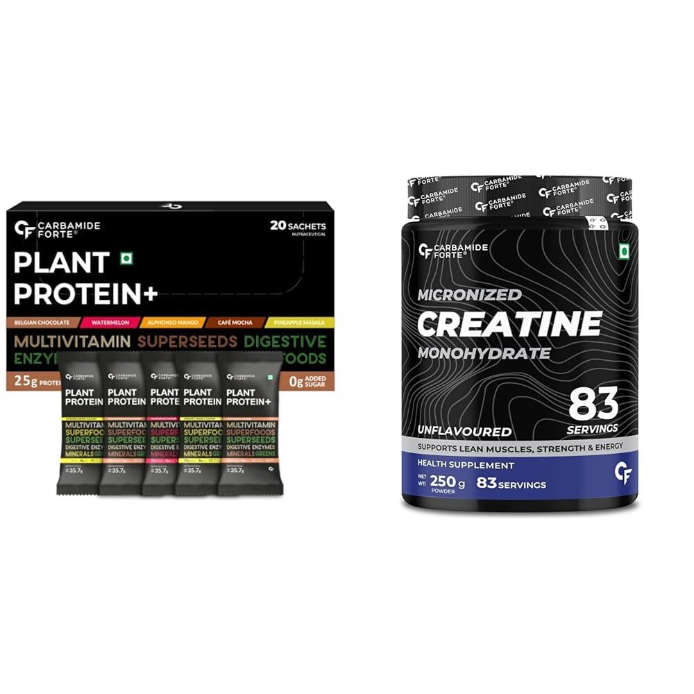 Carbamide Forte Plant Protein Powder - Pack Of 20 & Creatine Monohydrate Unflavoured Powder - 83 Servings - 250g
