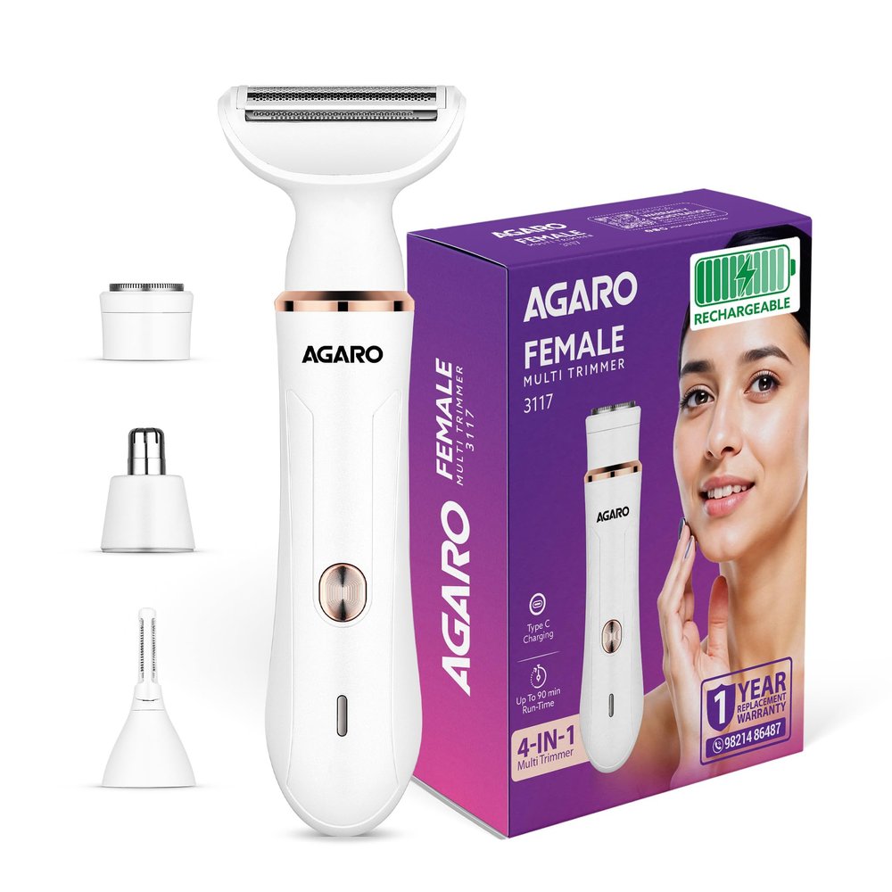 AGARO Female Multi Trimmer 3117 Facial Hair Removal Machine, Bikini Trimmer, Eyebrow & Nose Hair Trimmer Painless body hair trimming. Type-C charging, up to 90 minutes runtime,White.
