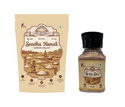 ANVI NATURAS Sendha Namak (Rock Salt) 1kg + Black Salt 200g | Natural & Pure | Rich in Minerals | Healthy Cooking & Seasoning | Ayurvedic-Grade Edible Pink Lake Salt for Healthy Living | Unrefined Himalayan Salt Combo Pack