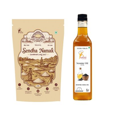 ANVI NATURAS Sendha Namak 1kg + Cold Pressed Sesame Oil 1Ltr | Himalayan Rock Salt & Pure Gingelly Oil Combo | Natural, Unrefined, Chemical-Free | Cooking, Health & Wellness